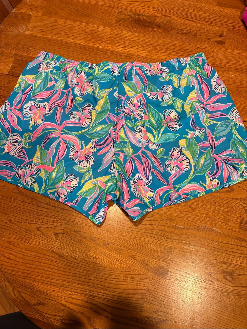 Lilly Pulitzer Teal Tropical Floral Athletic Shorts with Pink Accents